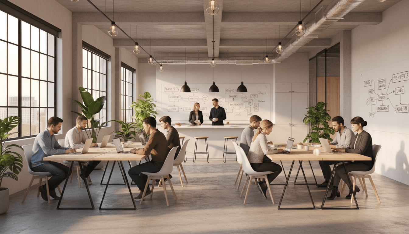 Tim Sip of Sun di ruang modern minimalis dengan latar belakang putih dan aksen kuning