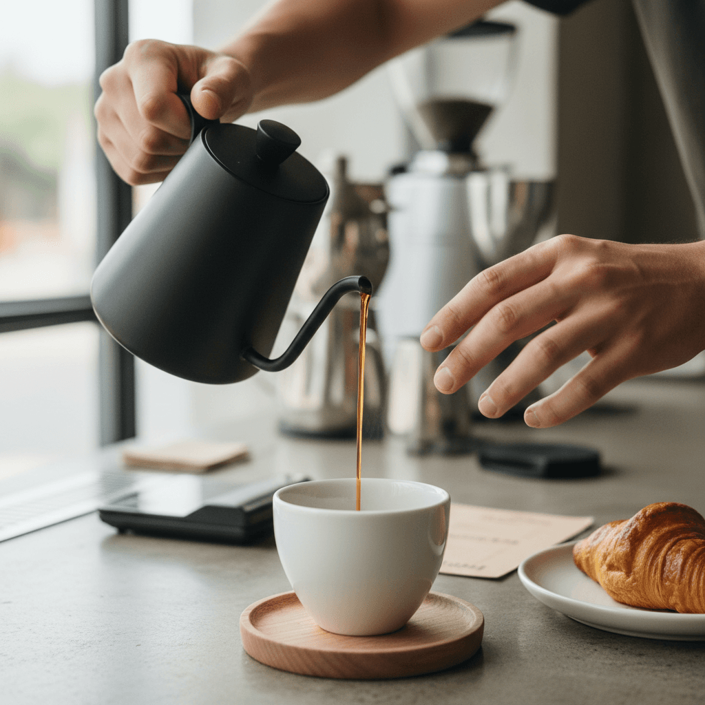 Fruit-infused Americano coffee in modern minimalist white ceramic cup on clean bright surface